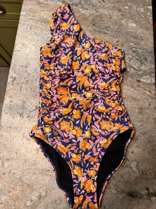 J. Crew One-Shoulder Floral Swimsuit in Navy with Orange and Pink Flowers - Picture 2 of 6